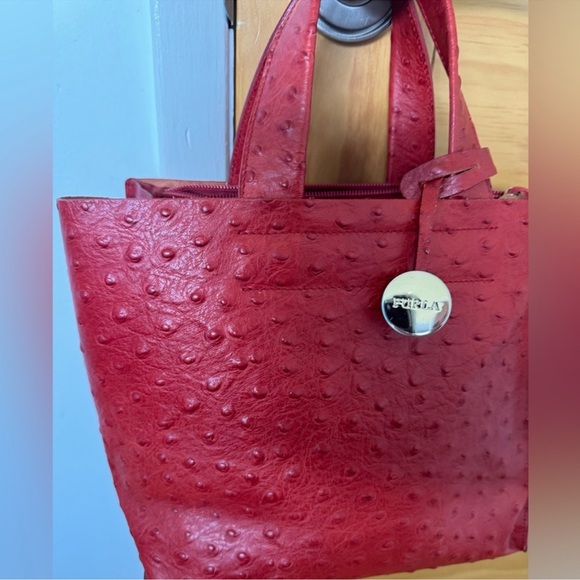 Furla Red Ostrich Embossed Leather Divide It Tote Bag Elegant - Picture 6 of 8